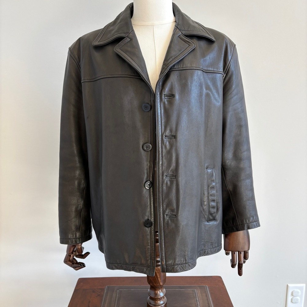 Vintage Men's Black Genuine Leather Button Front Lined Jacket Dark Brown Size XL